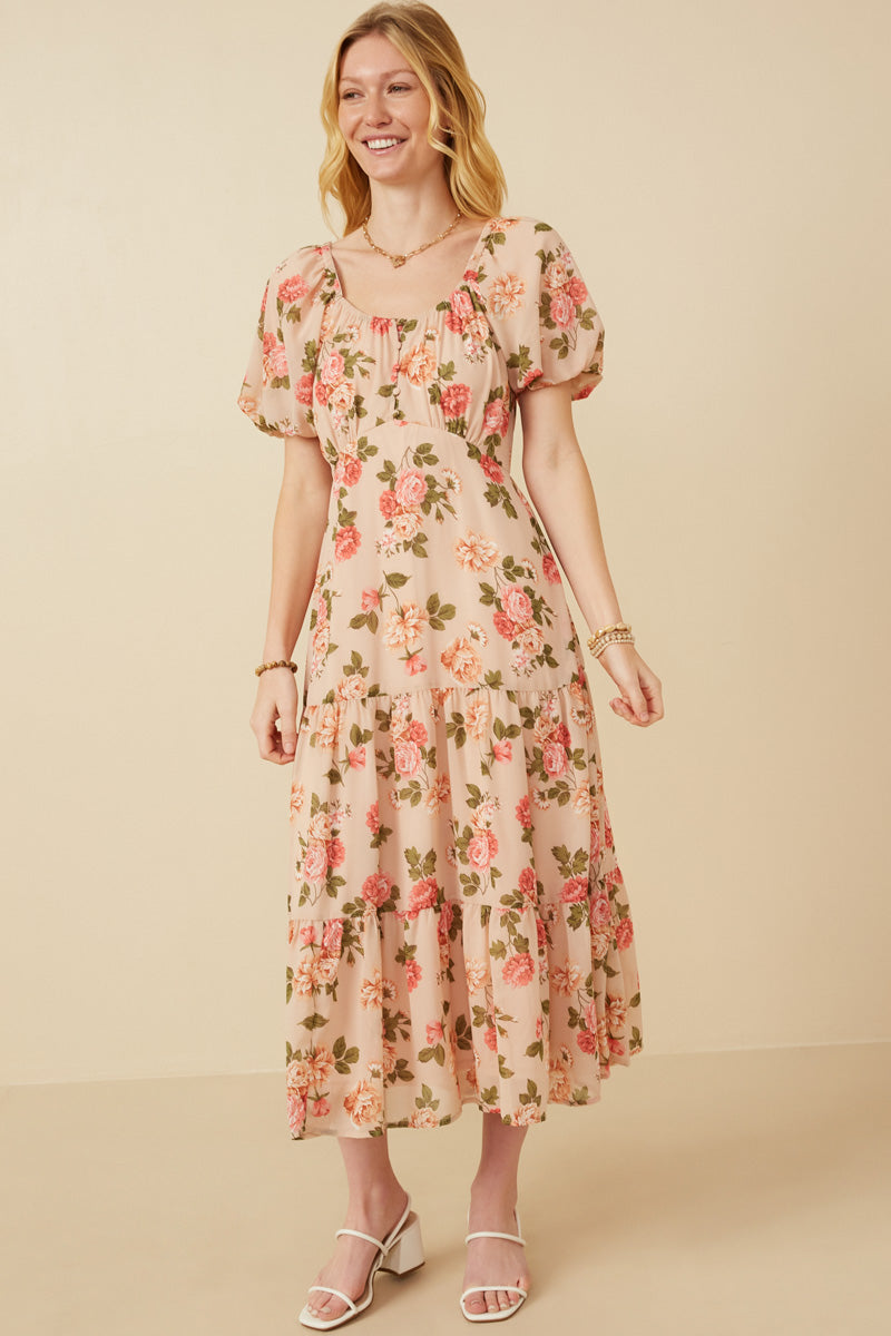 Romantic Floral Button Detail Belted Dress