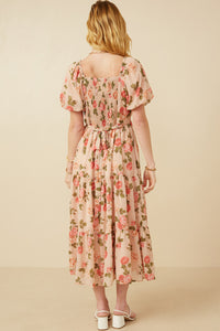 HY6982 Blush Womens Romantic Floral Button Detail Belted Dress Side