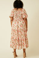 HY6982W Blush Plus Romantic Floral Button Detail Belted Dress Detail