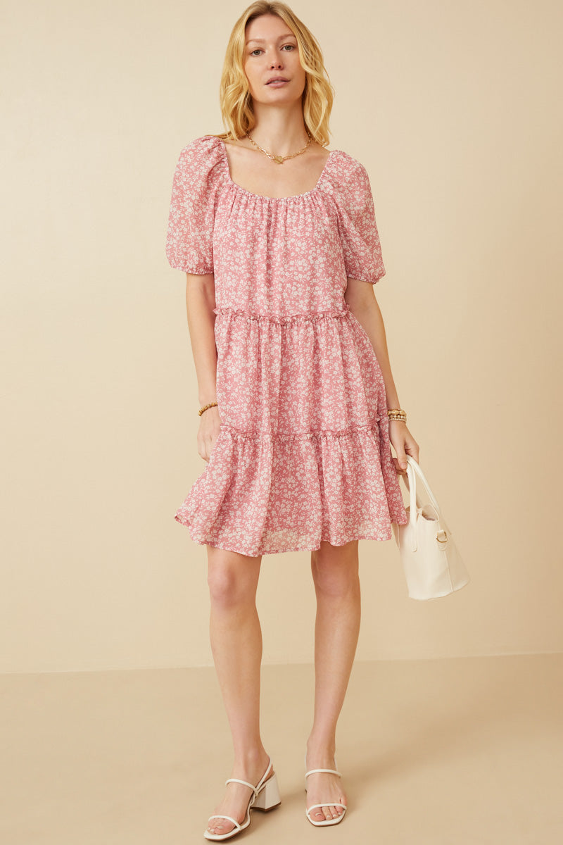 HY6985 Pink Womens Ditsy Floral Ruffled Tier Dress Gif