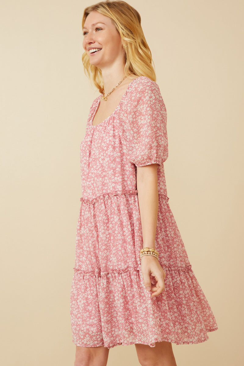 HY6985 Pink Womens Ditsy Floral Ruffled Tier Dress Full Body