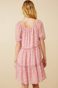 HY6985 Pink Womens Ditsy Floral Ruffled Tier Dress Side