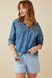 HY6986 DENIM Womens Floral Denim Tie Front Roll Up Shirt Front