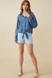 HY6986W DENIM Womens Floral Denim Tie Front Roll Up Shirt Editorial