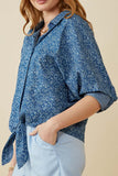 HY6986W DENIM Plus Floral Denim Tie Front Roll Up Shirt Front