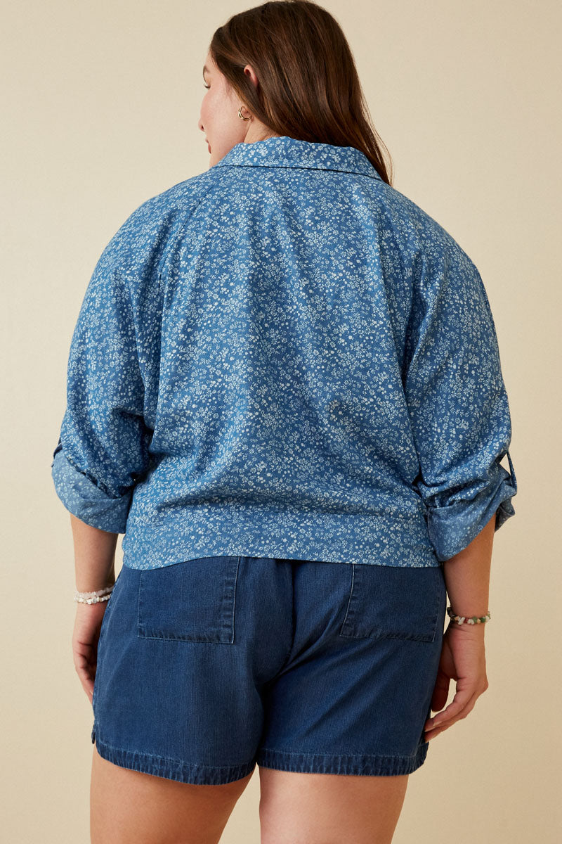 HY6986 DENIM Womens Floral Denim Tie Front Roll Up Shirt Side