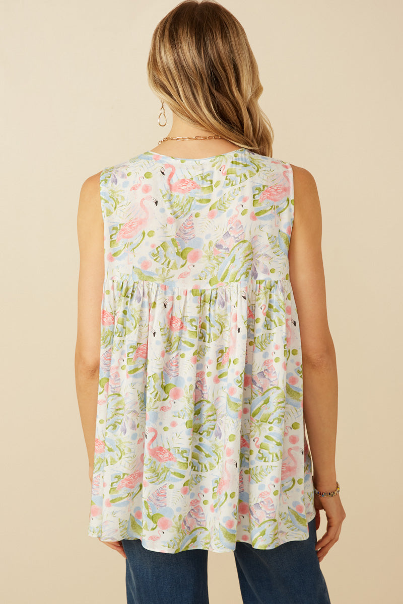 HY6987 Pink Womens Flamingo Print Button Detail Swing Top Detail