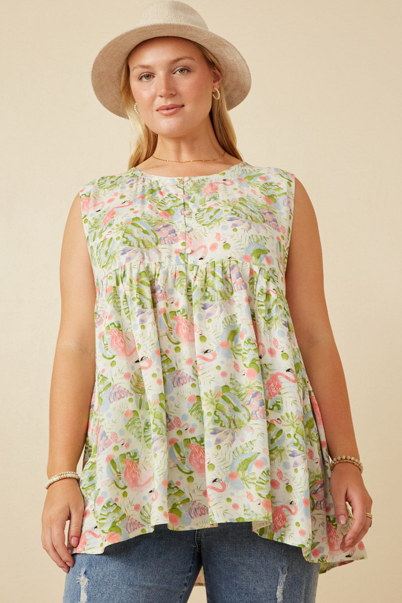 Flamingo Print Button Detail Swing Top