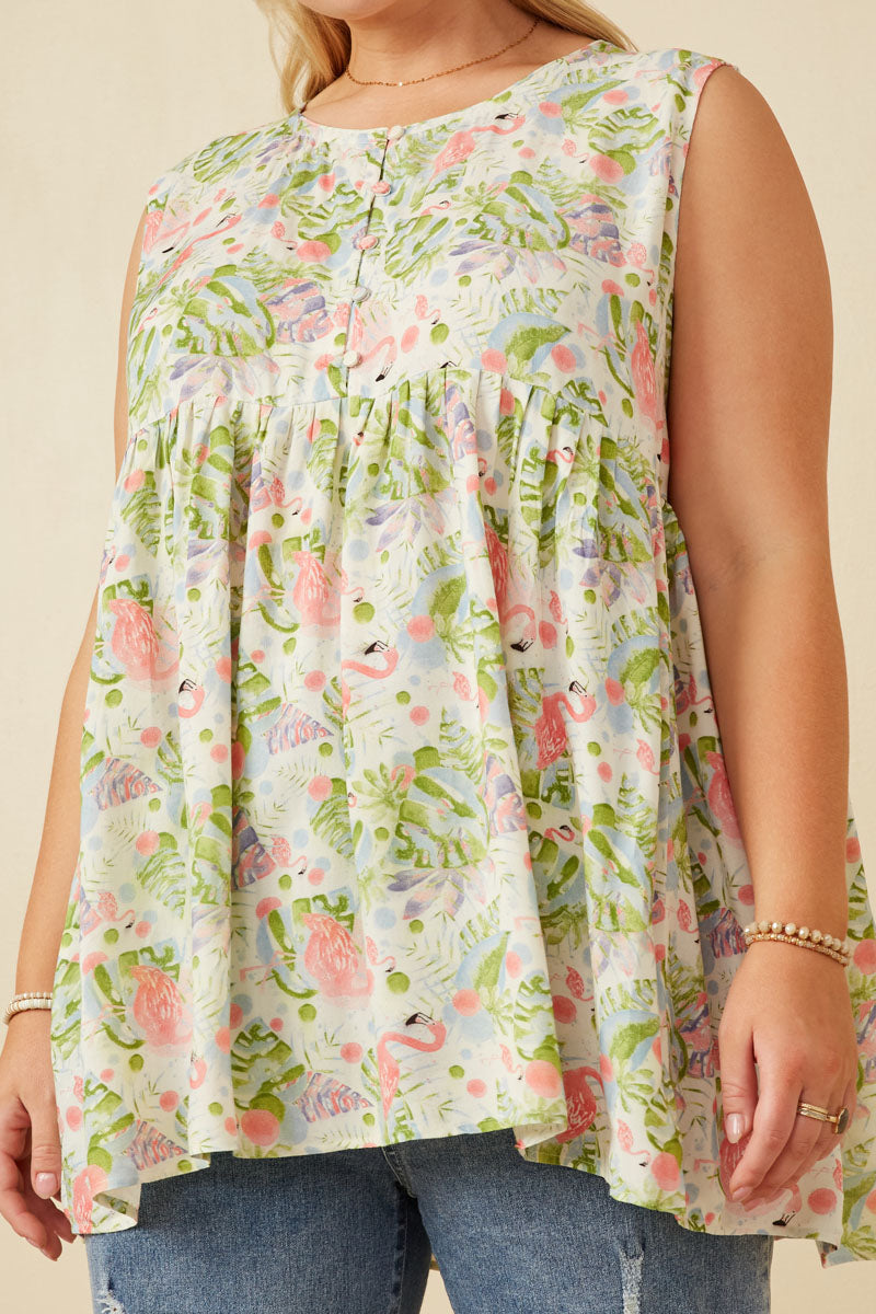 HY6987W Pink Womens Flamingo Print Button Detail Swing Top Side