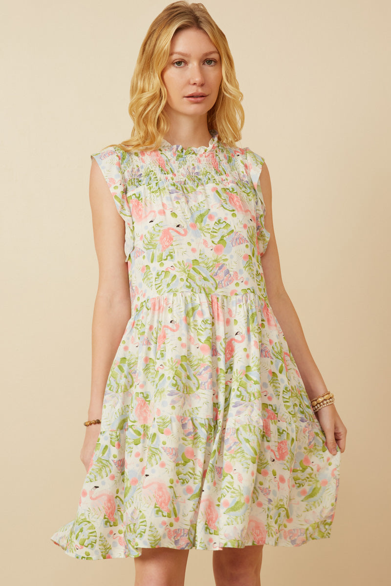 Womens Flamingo Print Smocked Ruffled Dress