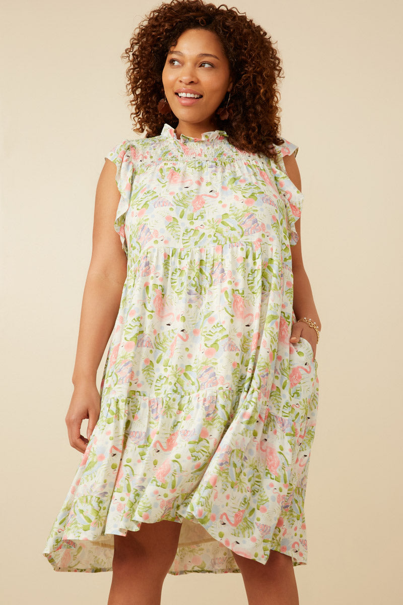 Womens Flamingo Print Smocked Ruffled Dress