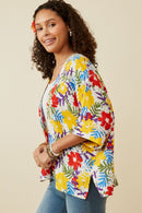 HY6990W YELLOW Plus Vivid Floral Contrast Stitch Linen Blend Kimono Back
