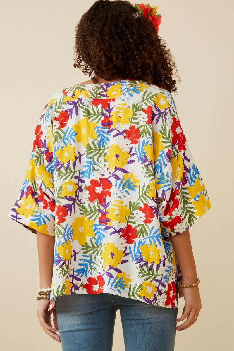 HY6990W YELLOW Plus Vivid Floral Contrast Stitch Linen Blend Kimono Side 2