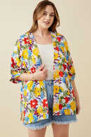 HY6990W YELLOW Plus Vivid Floral Contrast Stitch Linen Blend Kimono Side