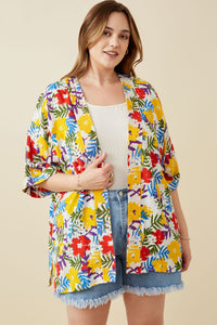 HY6990W YELLOW Plus Vivid Floral Contrast Stitch Linen Blend Kimono Side