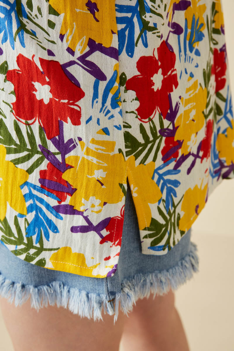 HY6990 YELLOW MIX Womens Vivid Floral Contrast Stitch Linen Blend Kimono Full Body