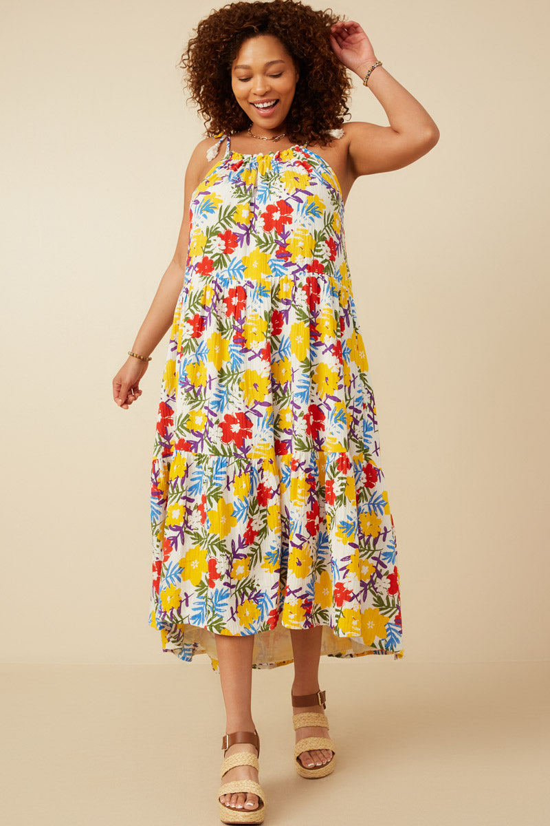 Vivid Floral Tassel Shoulder Tie Linen Blend Dress