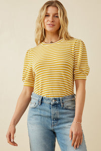 HY6996 Lavender Womens Textured Stripe Puff Sleeve Knit Top Pose