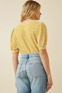 HY6996 Blue Womens Textured Stripe Puff Sleeve Knit Top Front