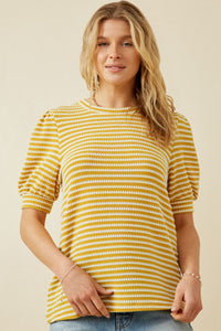 HY6996W Blue Plus Textured Stripe Puff Sleeve Knit Top Pose