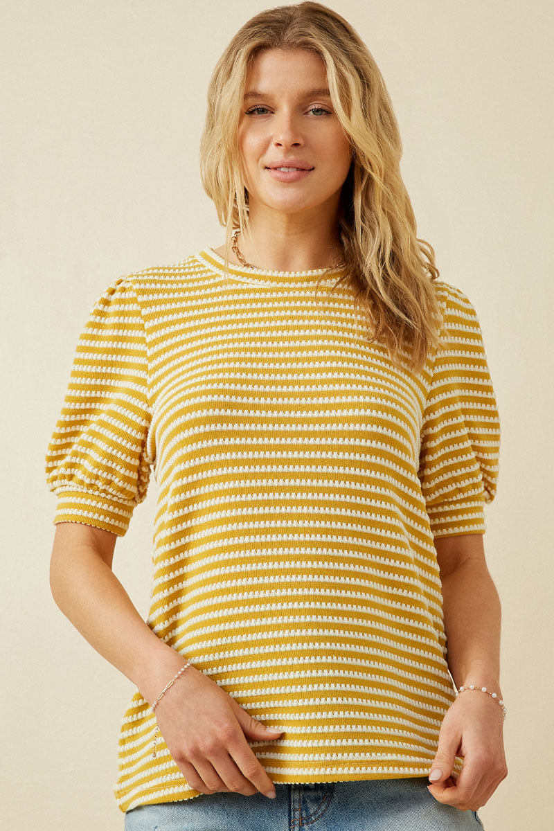 HY6996W Blue Plus Textured Stripe Puff Sleeve Knit Top Pose