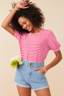 HY6996W Pink Plus Textured Stripe Puff Sleeve Knit Top Pose