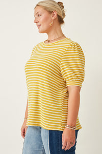HY6996W Blue Plus Textured Stripe Puff Sleeve Knit Top Gif
