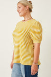 HY6996W Blue Plus Textured Stripe Puff Sleeve Knit Top Gif