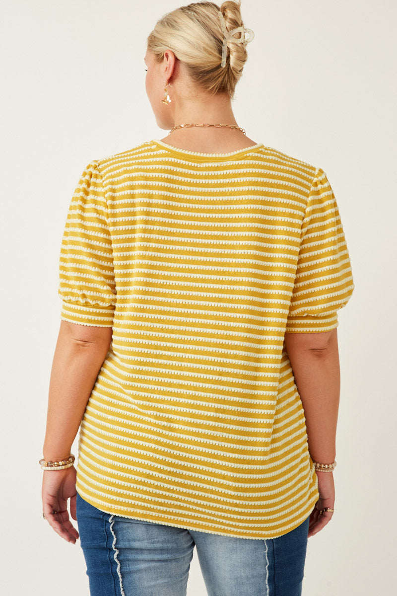 HY6996 Pink Womens Textured Stripe Puff Sleeve Knit Top Pose