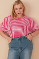 HY6996 Pink Womens Textured Stripe Puff Sleeve Knit Top Gif