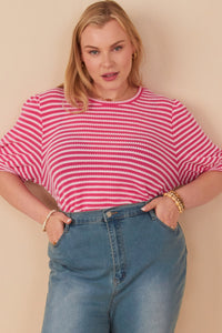 HY6996 Pink Womens Textured Stripe Puff Sleeve Knit Top Gif
