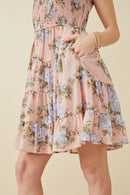 HY6997 BLUSH Womens Smocked Detail Ruffled Strap Floral Print Dress Side
