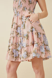 HY6997 BLUSH Womens Smocked Detail Ruffled Strap Floral Print Dress Side