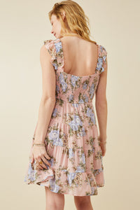 HY6997 BLUSH Womens Smocked Detail Ruffled Strap Floral Print Dress Detail