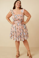 HY6997W BLUSH Plus Smocked Detail Ruffled Strap Floral Print Dress Side