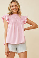 HY6998 Blue Womens Textured Smocked Ruffle Detail Tank Front