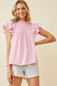 HY6998 Blue Womens Textured Smocked Ruffle Detail Tank Front