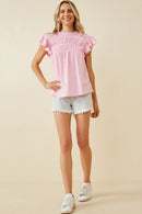 HY6998 Blue Womens Textured Smocked Ruffle Detail Tank Full Body