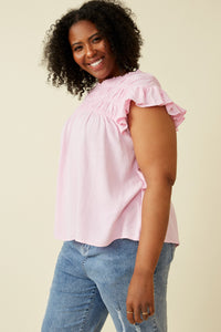 HY6998W Off White Plus Textured Smocked Ruffle Detail Tank Front