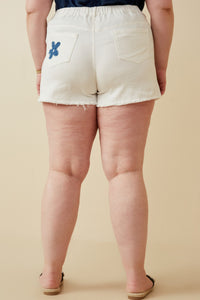 HY7000 White Denim Womens Denim Floral Patch Denim Shorts Side