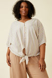 HY7014 Lavender Womens Buttoned Textured Strip Tied Dolman Top