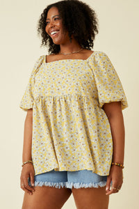 HY7025W Mustard Plus Floral Print Square Neck Puff Sleeve Top Full Body