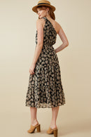 HY7033 BLACK Womens Floral Print One Shoulder Tiered Dress Back