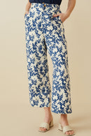 HY7050 BLUE Womens Floral Printed Wideleg Pants Front