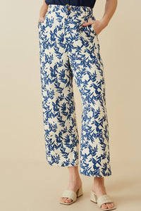 HY7050 BLUE Womens Floral Printed Wideleg Pants Front