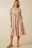 HY7056 Lavender Womens Floral Print Belted Cotton Poplin Dress Full Body