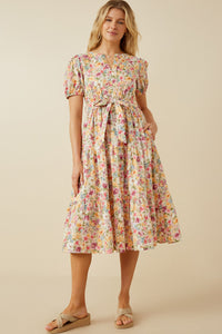 HY7056 Lavender Womens Floral Print Belted Cotton Poplin Dress Full Body