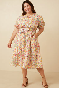 HY7056 Lavender Womens Floral Print Belted Cotton Poplin Dress Front