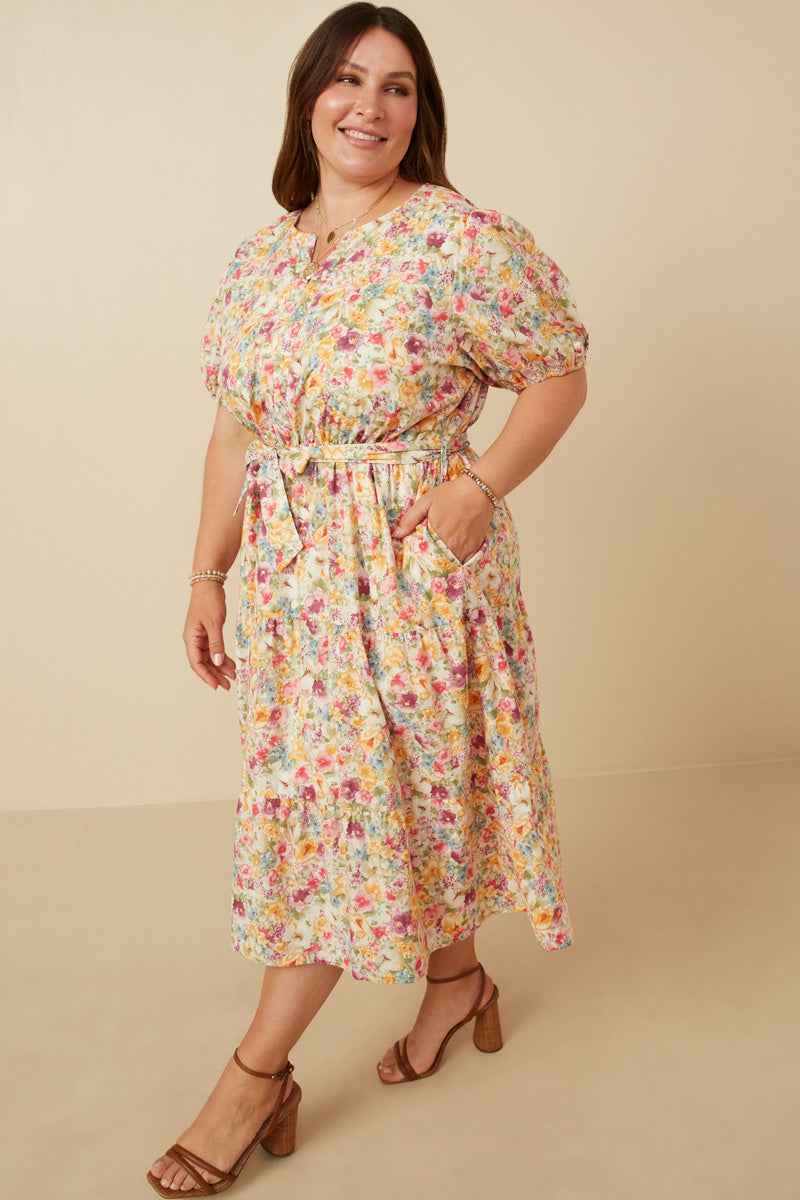 HY7056W LAVENDER MIX Plus Floral Print Belted Cotton Poplin Dress Back