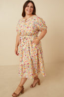 HY7056W LAVENDER MIX Plus Floral Print Belted Cotton Poplin Dress Back